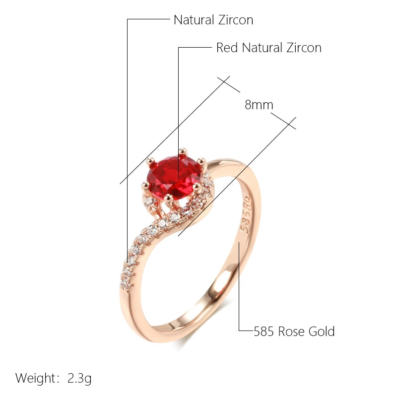 Kinel Hochmodischer 585 Roségoldfarbener Ehering für Frauen mit rundem rotem natürlichen Zirkon - Kristallgeschenk für den täglichen Gebrauch