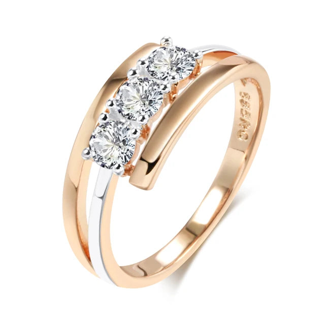 Luxus Drei große weiße natürliche Zirkonringe für Frauen 585 Roségold Silberfarbenes Mix-Hochzeitsdesign täglicher Brautschmuck