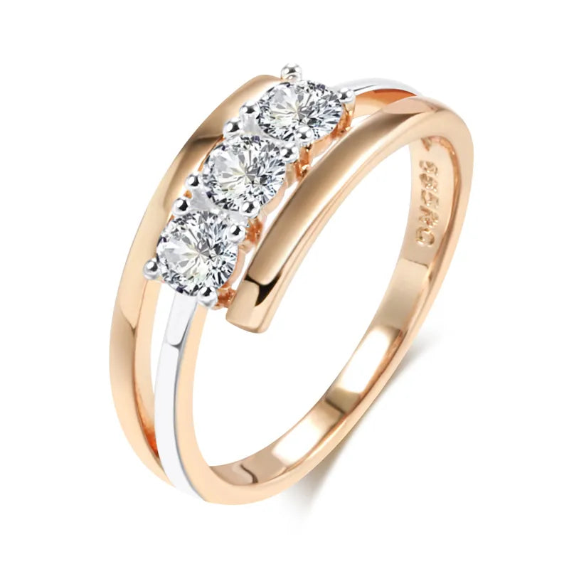 Luxus Drei große weiße natürliche Zirkonringe für Frauen 585 Roségold Silberfarbenes Mix-Hochzeitsdesign täglicher Brautschmuck