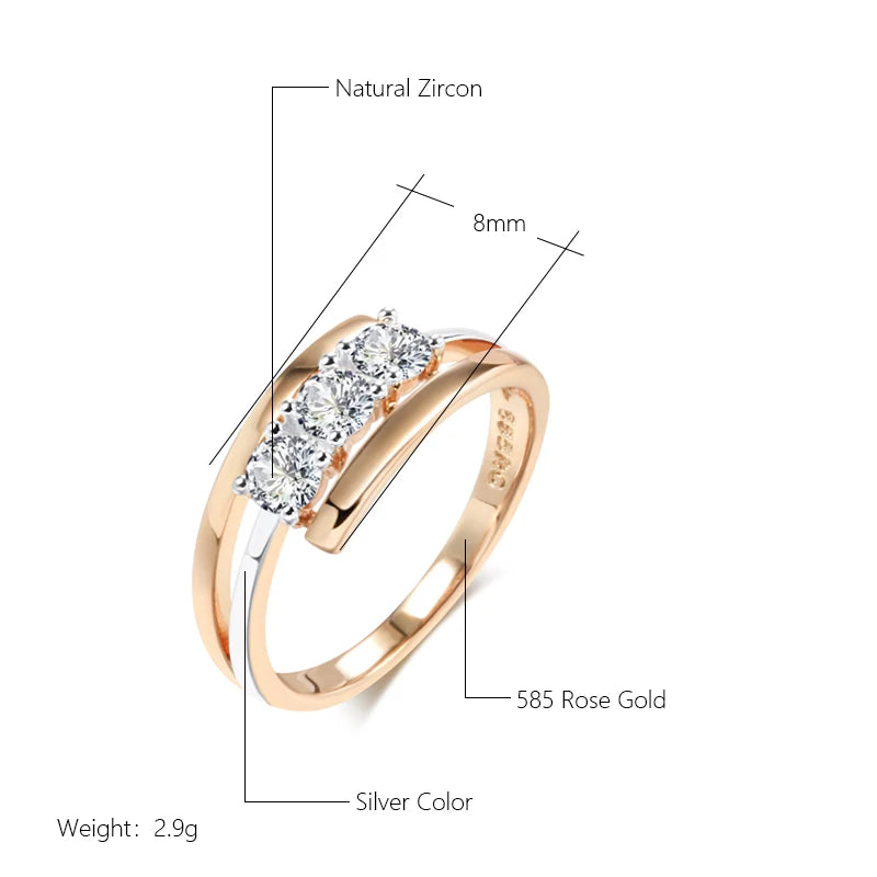 Luxus Drei große weiße natürliche Zirkonringe für Frauen 585 Roségold Silberfarbenes Mix-Hochzeitsdesign täglicher Brautschmuck