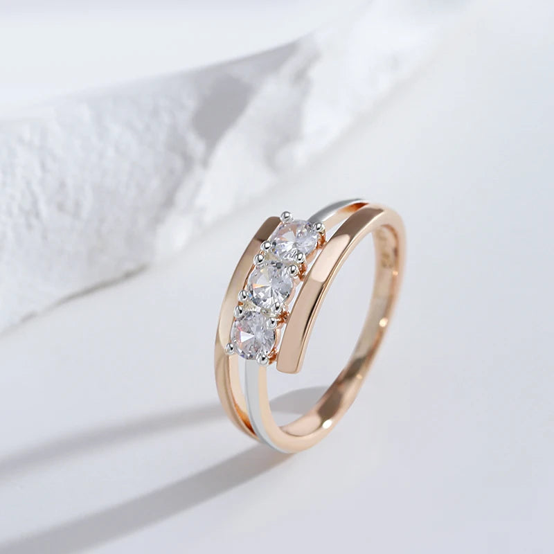 Luxus Drei große weiße natürliche Zirkonringe für Frauen 585 Roségold Silberfarbenes Mix-Hochzeitsdesign täglicher Brautschmuck
