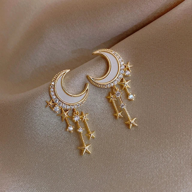 Korean Design Moon Star Earrings with Rhinestones