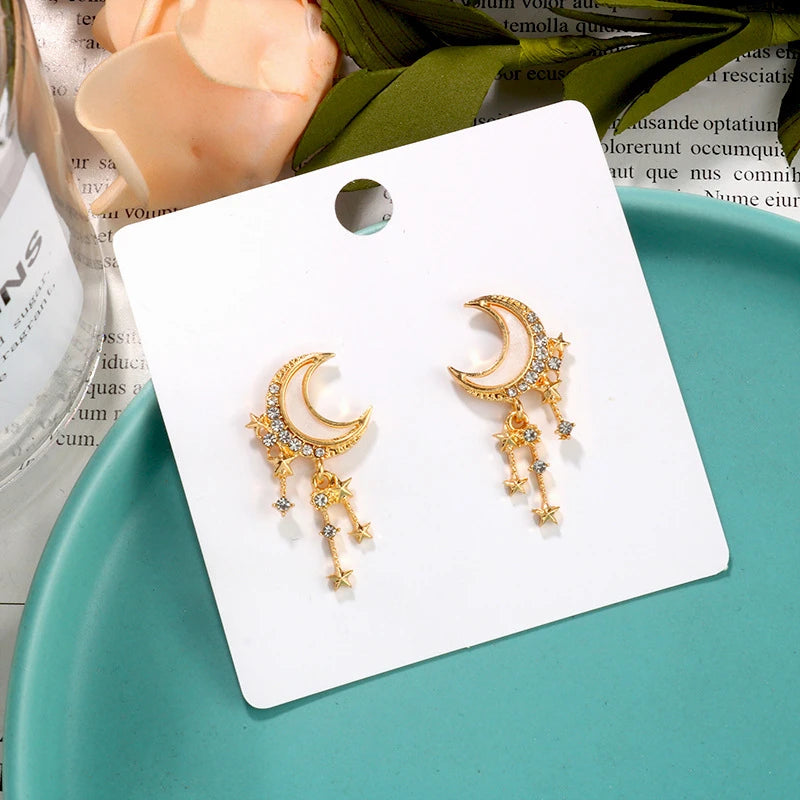 Korean Design Moon Star Earrings with Rhinestones