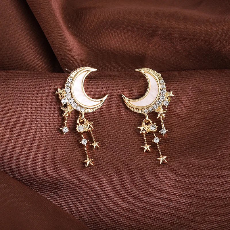 Korean Design Moon Star Earrings with Rhinestones
