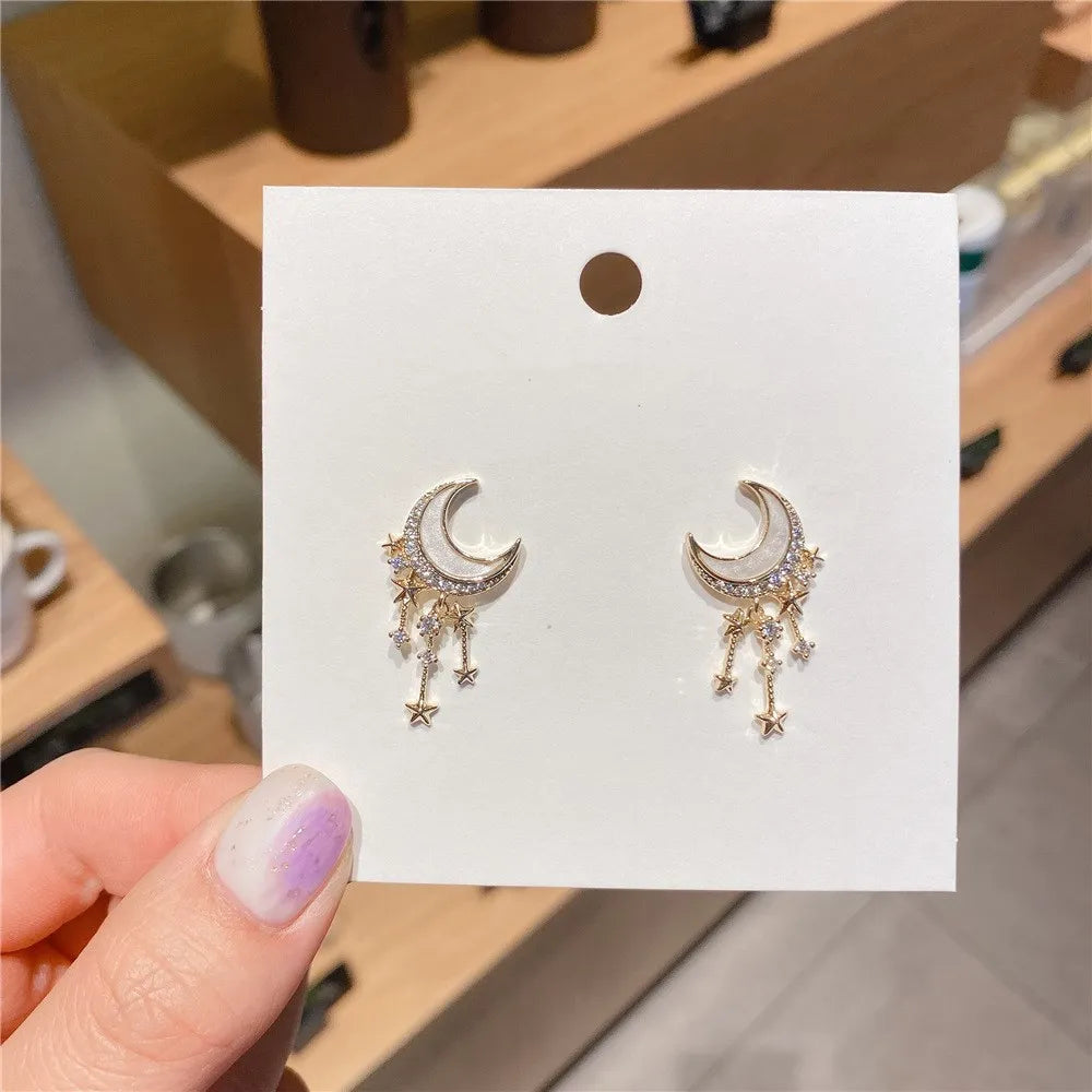 Korean Design Moon Star Earrings with Rhinestones