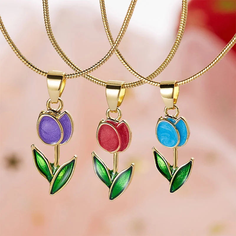 Emaille Kragenkette Halskette | Tulpen Schmuck Anhänger Halskette - Beliebte Blume