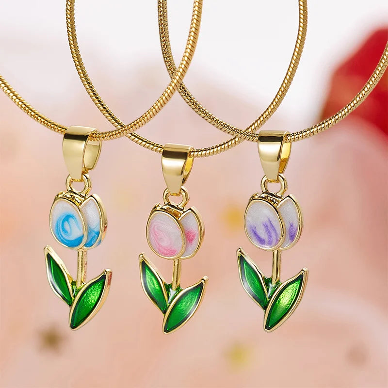 Emaille Kragenkette Halskette | Tulpen Schmuck Anhänger Halskette - Beliebte Blume