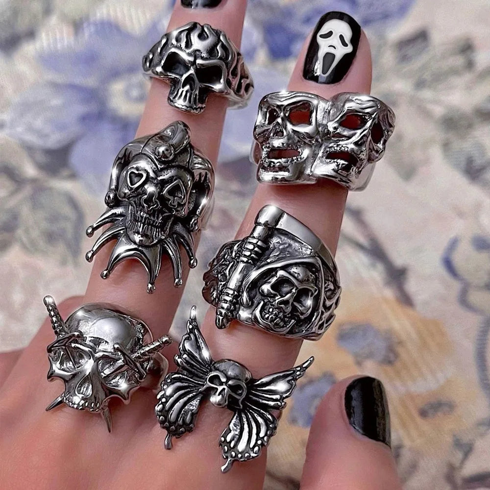 Kpop Gothic Ästhetik Schädel Herz Punk Offener Ring für Frauen Mädchen Vintage Schmuck Y2k Schmuck Accessoires