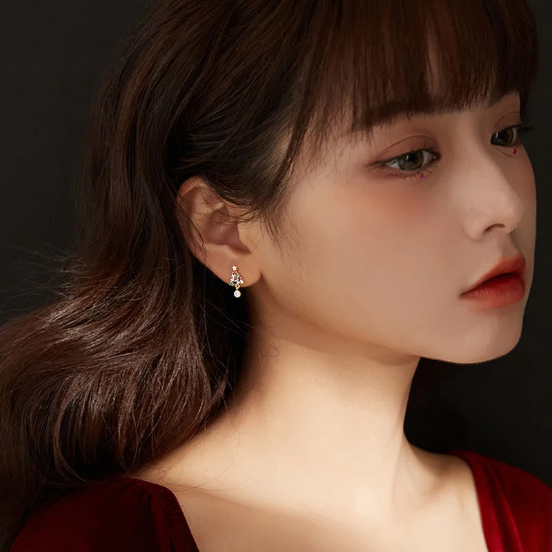 Festive Christmas Tree Zircon Earrings