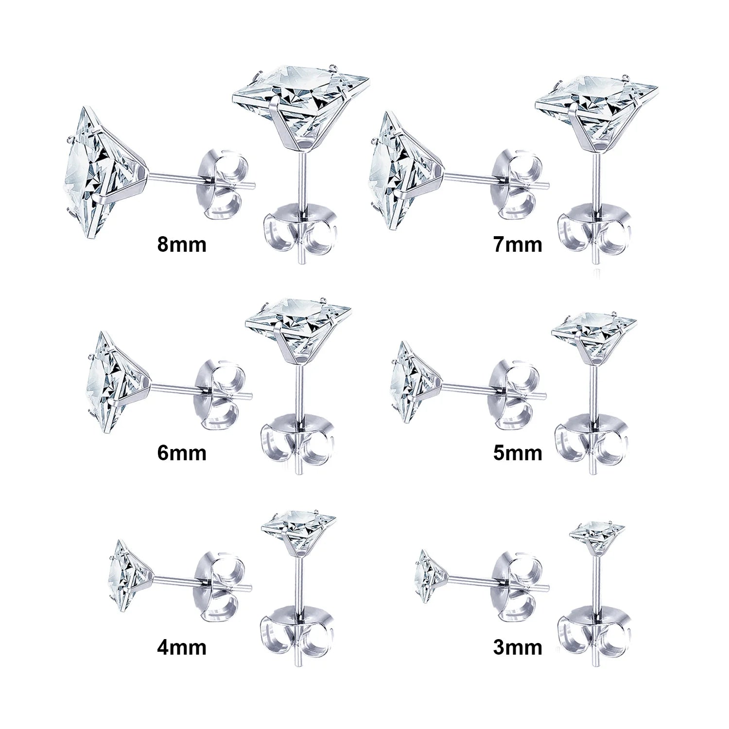 Edle Edelstahl Ohrstecker mit quadratischem CZ-Stein - 6 Paare/Box - Schmuckset für Damen/Mädchen - Modischer Schmuck