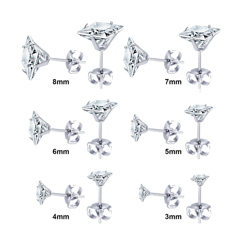 Edle Edelstahl Ohrstecker mit quadratischem CZ-Stein - 6 Paare/Box - Schmuckset für Damen/Mädchen - Modischer Schmuck