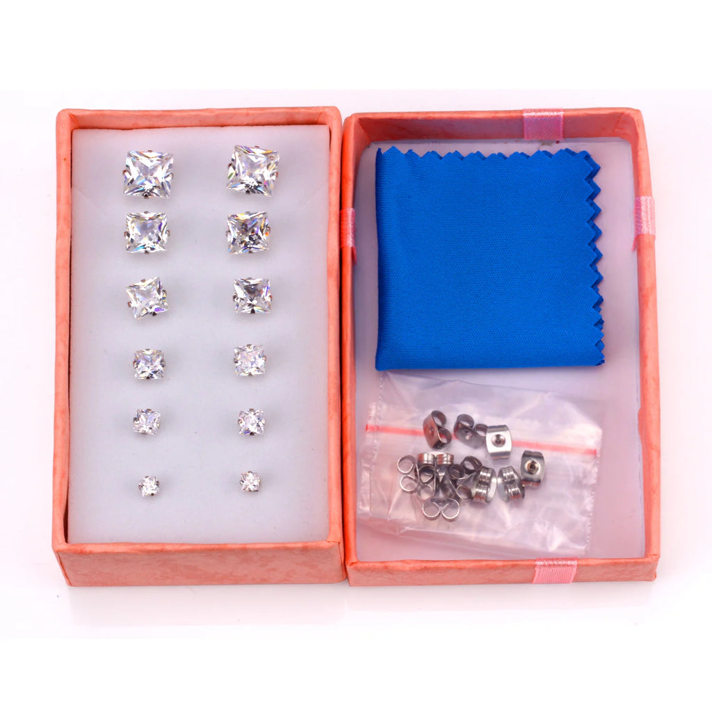Edle Edelstahl Ohrstecker mit quadratischem CZ-Stein - 6 Paare/Box - Schmuckset für Damen/Mädchen - Modischer Schmuck