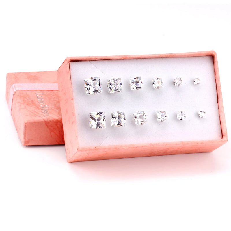 Edle Edelstahl Ohrstecker mit quadratischem CZ-Stein - 6 Paare/Box - Schmuckset für Damen/Mädchen - Modischer Schmuck