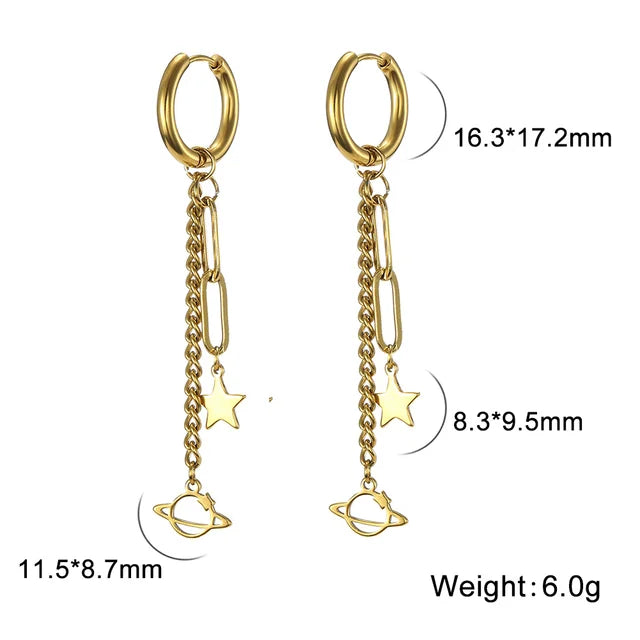 Lange Kette Stern Planet Hängeohrringe für Frauen Pentagramm Hexagon Lotusblume Blatt Quaste Piercing ästhetischer Schmuck