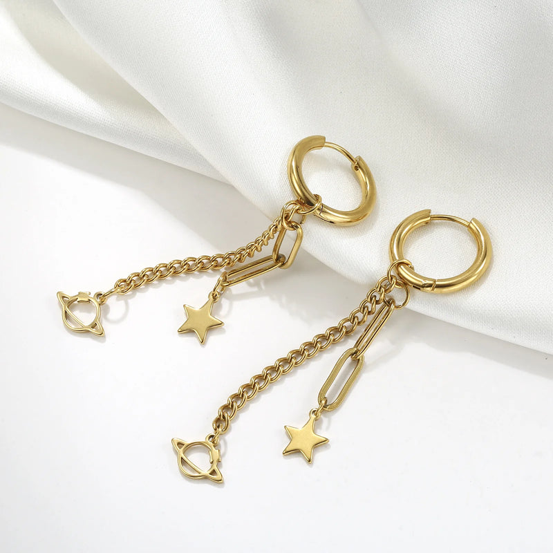 Lange Kette Stern Planet Hängeohrringe für Frauen Pentagramm Hexagon Lotusblume Blatt Quaste Piercing ästhetischer Schmuck