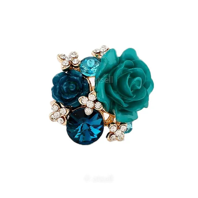 Eleganter Blumenring mit luxuriösen Kristallharz-Strasskugeln und Zirkonia - Modischer Statement-Schmuck für Frauen - Verstellbare Größe