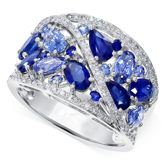 Eleganter Modeschmuck mit blauem Kristallrhinestone in geometrischem Design für Frauen - Silberfarbener Ring für Verlobung, Hochzeit und Jubiläum