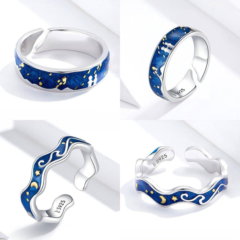 Faszinierender Van Gogh Blue Starry Sky Sterling Silber Ring