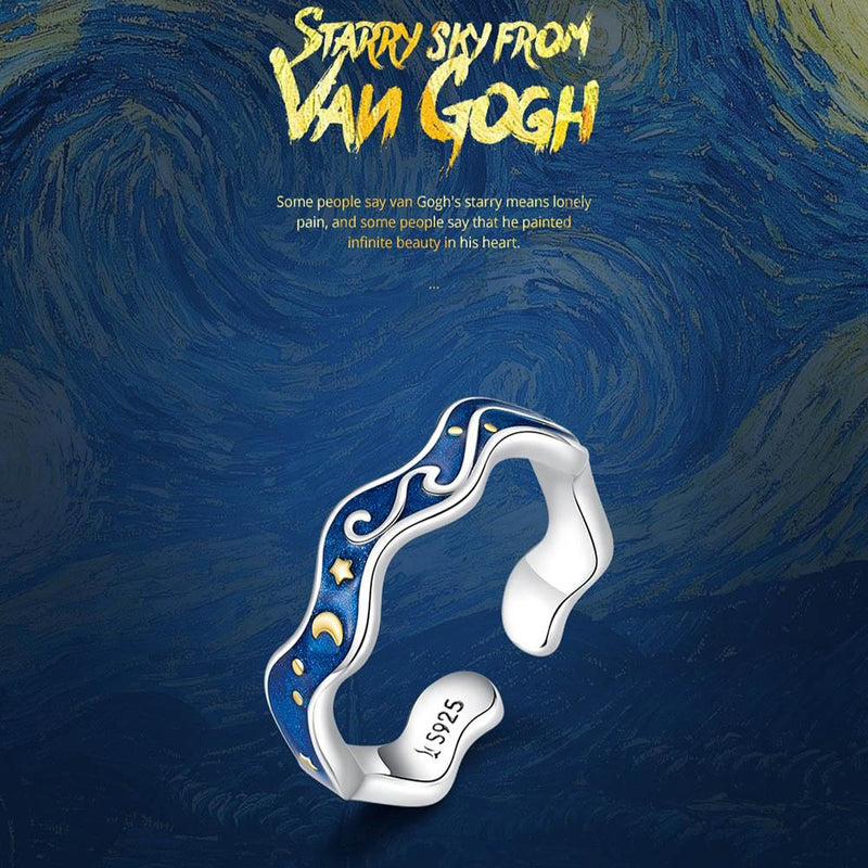 Faszinierender Van Gogh Blue Starry Sky Sterling Silber Ring