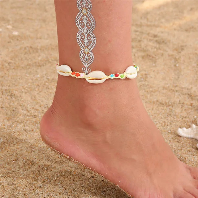 Bohemian Shell Starfish Anklets für Frauen mit Kristallperlen Fußkettchen Strand Schmuck Sommer Strand Barfuß Armband