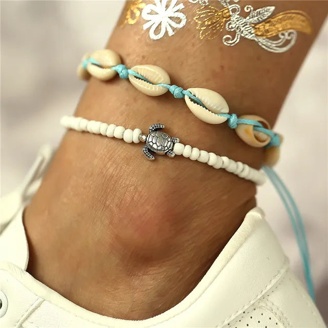 Bohemian Shell Starfish Anklets für Frauen mit Kristallperlen Fußkettchen Strand Schmuck Sommer Strand Barfuß Armband