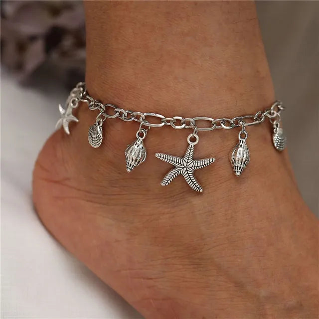 Bohemian Shell Starfish Anklets für Frauen mit Kristallperlen Fußkettchen Strand Schmuck Sommer Strand Barfuß Armband