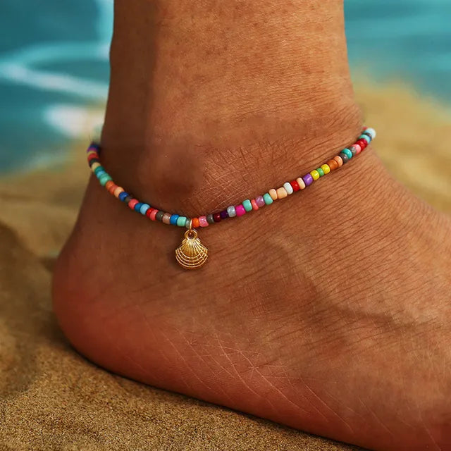 Bohemian Shell Starfish Anklets für Frauen mit Kristallperlen Fußkettchen Strand Schmuck Sommer Strand Barfuß Armband