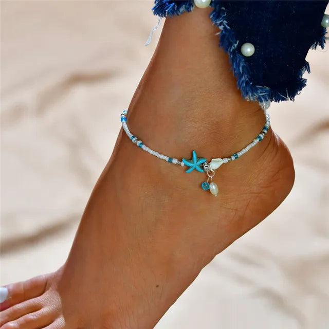Bohemian Shell Starfish Anklets für Frauen mit Kristallperlen Fußkettchen Strand Schmuck Sommer Strand Barfuß Armband
