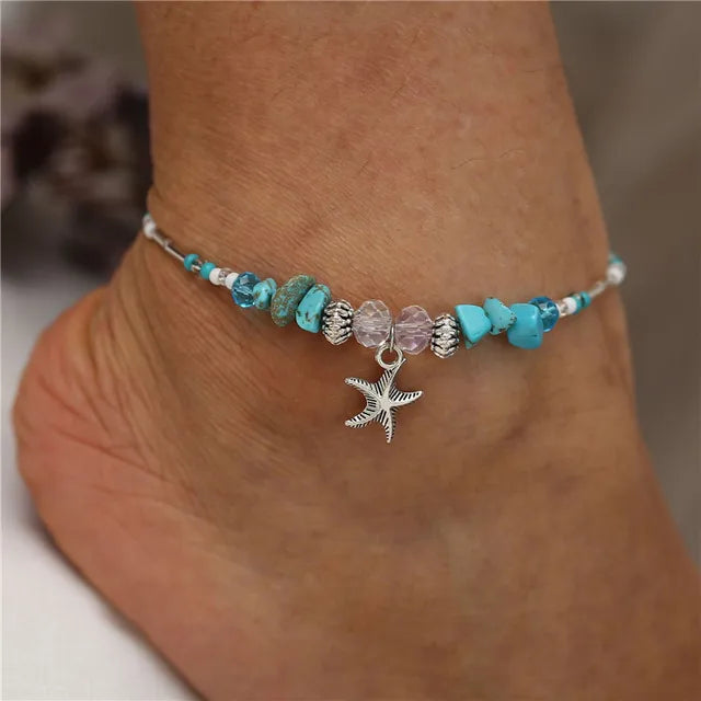 Bohemian Shell Starfish Anklets für Frauen mit Kristallperlen Fußkettchen Strand Schmuck Sommer Strand Barfuß Armband