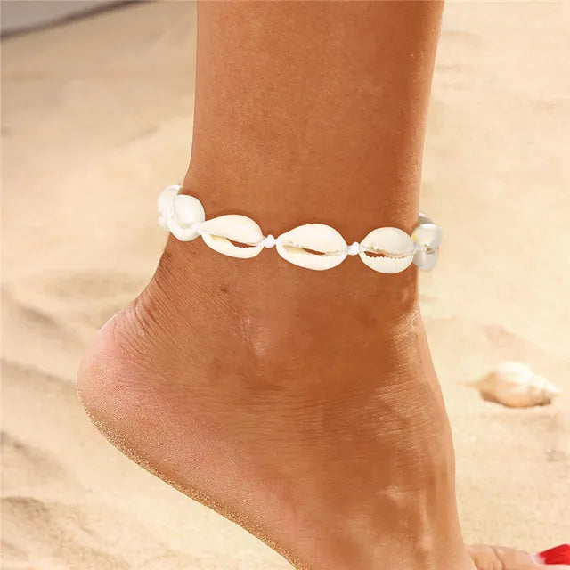 Bohemian Shell Starfish Anklets für Frauen mit Kristallperlen Fußkettchen Strand Schmuck Sommer Strand Barfuß Armband