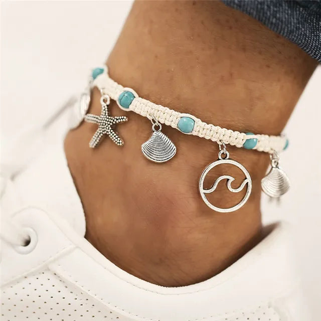 Bohemian Shell Starfish Anklets für Frauen mit Kristallperlen Fußkettchen Strand Schmuck Sommer Strand Barfuß Armband