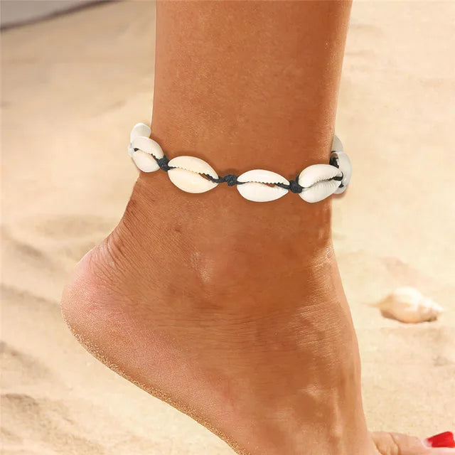 Bohemian Shell Starfish Anklets für Frauen mit Kristallperlen Fußkettchen Strand Schmuck Sommer Strand Barfuß Armband