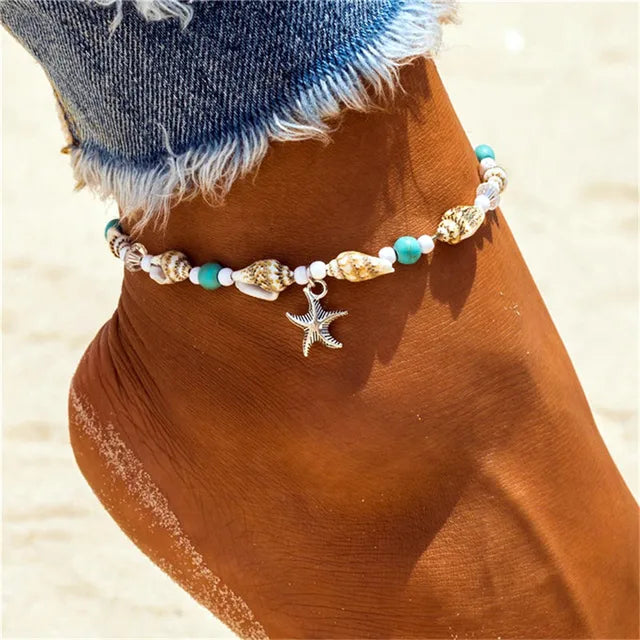 Bohemian Shell Starfish Anklets für Frauen mit Kristallperlen Fußkettchen Strand Schmuck Sommer Strand Barfuß Armband