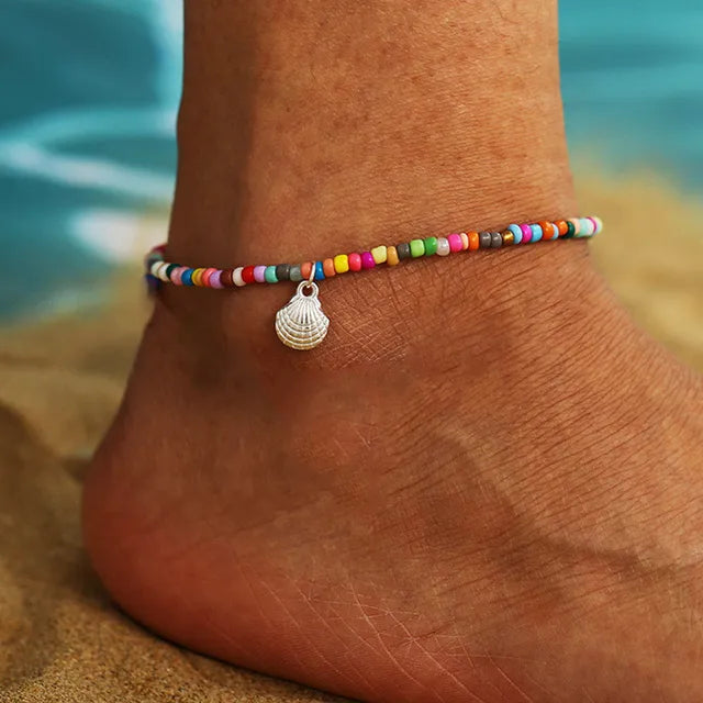 Bohemian Shell Starfish Anklets für Frauen mit Kristallperlen Fußkettchen Strand Schmuck Sommer Strand Barfuß Armband