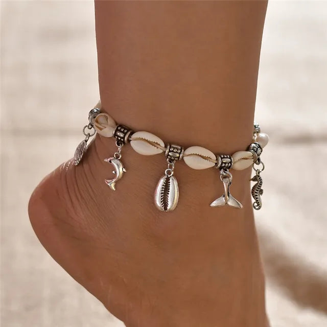 Bohemian Shell Starfish Anklets für Frauen mit Kristallperlen Fußkettchen Strand Schmuck Sommer Strand Barfuß Armband
