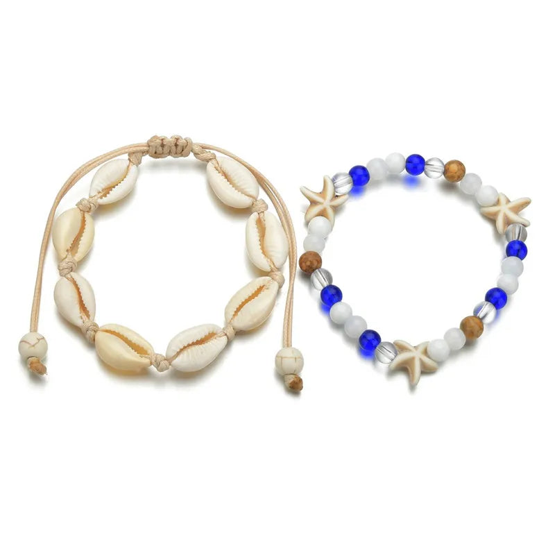 Bohemian Shell Starfish Anklets für Frauen mit Kristallperlen Fußkettchen Strand Schmuck Sommer Strand Barfuß Armband
