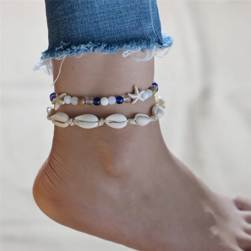 Bohemian Shell Starfish Anklets für Frauen mit Kristallperlen Fußkettchen Strand Schmuck Sommer Strand Barfuß Armband
