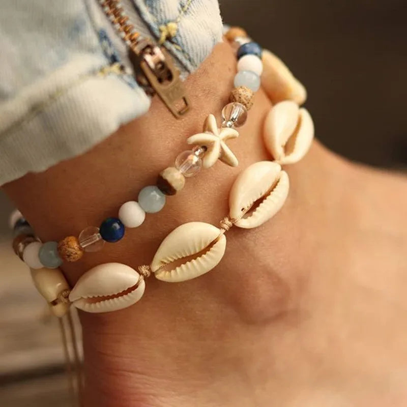 Bohemian Shell Starfish Anklets für Frauen mit Kristallperlen Fußkettchen Strand Schmuck Sommer Strand Barfuß Armband