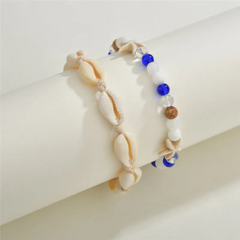 Bohemian Shell Starfish Anklets für Frauen mit Kristallperlen Fußkettchen Strand Schmuck Sommer Strand Barfuß Armband