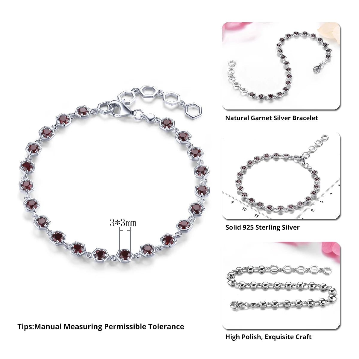 Elegantes Silberarmband mit natürlichem rotem Granatstein - 3,2 Karat - Januar-Geburtsstein - Klassischer und romantischer Damenschmuck aus 925er Silber