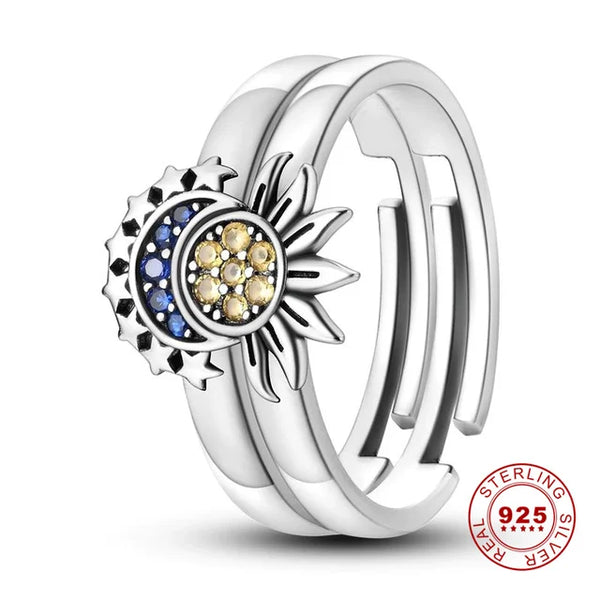 925 Sterling Silber Ring mit funkelndem Mond und Sonne für Frauen, blauer Zirkon, stapelbarer Fingerband, modischer Schmuck, Geschenk