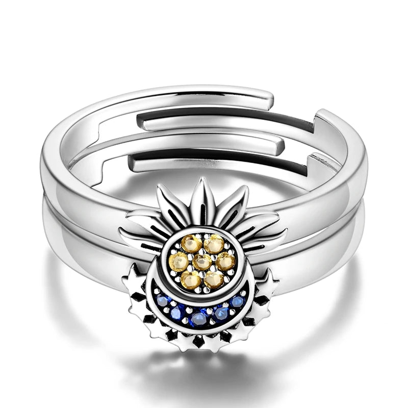 925 Sterling Silber Ring mit funkelndem Mond und Sonne für Frauen, blauer Zirkon, stapelbarer Fingerband, modischer Schmuck, Geschenk