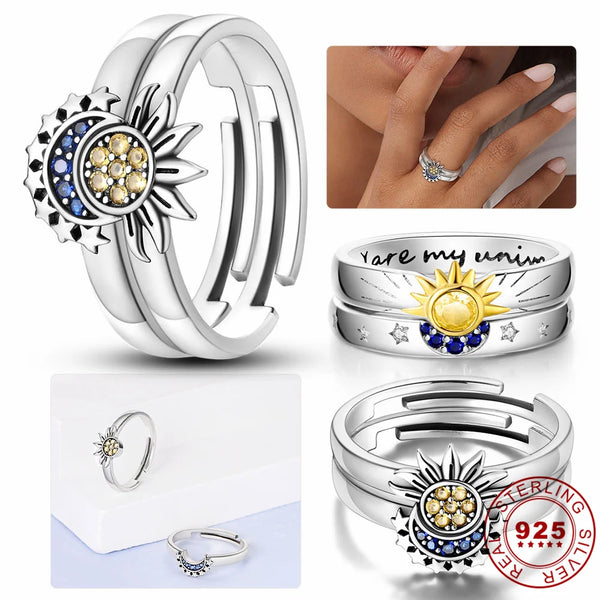 925 Sterling Silber Ring mit funkelndem Mond und Sonne für Frauen, blauer Zirkon, stapelbarer Fingerband, modischer Schmuck, Geschenk