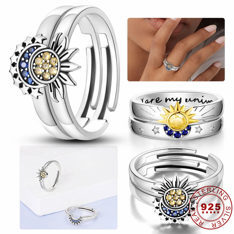 925 Sterling Silber Ring mit funkelndem Mond und Sonne für Frauen, blauer Zirkon, stapelbarer Fingerband, modischer Schmuck, Geschenk