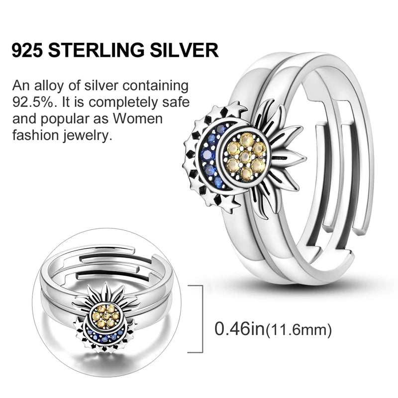 925 Sterling Silber Ring mit funkelndem Mond und Sonne für Frauen, blauer Zirkon, stapelbarer Fingerband, modischer Schmuck, Geschenk