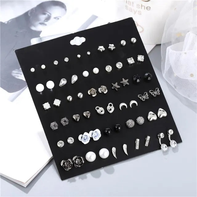 Elegante 30 Paare Kristall Ohrstecker Sets für Frauen Mädchen Herz Blumen Mond Ohrringe Schmuck Zubehör