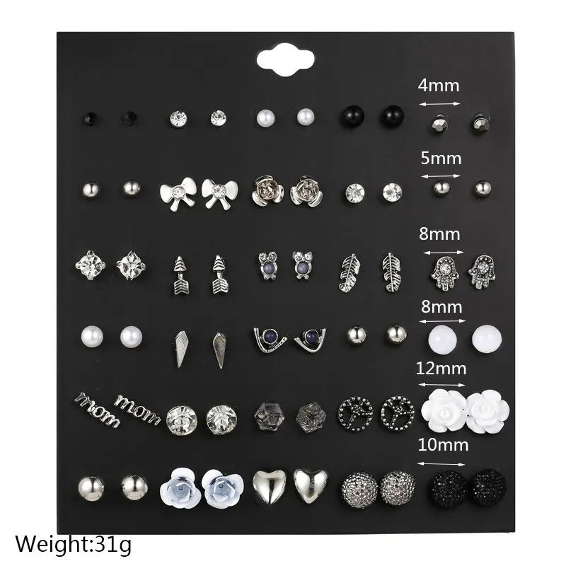 Elegante 30 Paare Kristall Ohrstecker Sets für Frauen Mädchen Herz Blumen Mond Ohrringe Schmuck Zubehör