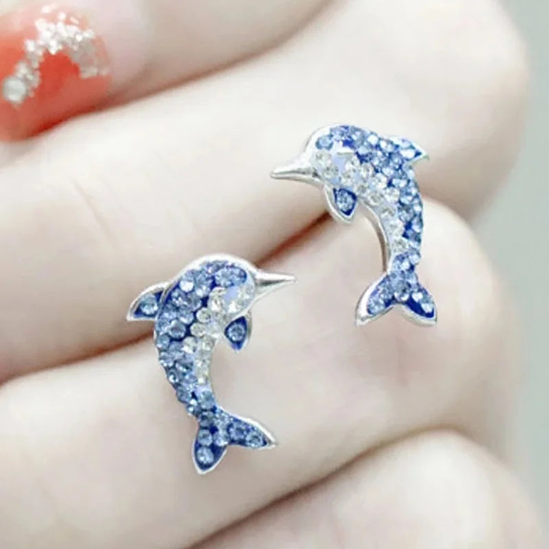 Luxus-Delfin-Ohrringe für Frauen | Blaue Delfin-Ohrringe | Kristall-Ohrringe - Stecker-Ohrringe