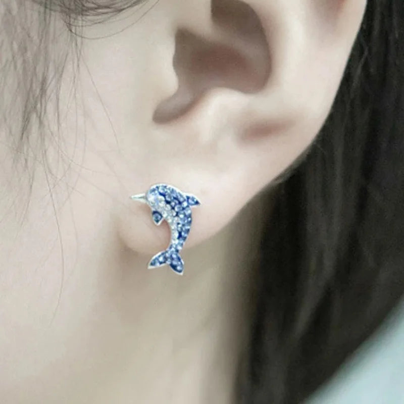 Luxus-Delfin-Ohrringe für Frauen | Blaue Delfin-Ohrringe | Kristall-Ohrringe - Stecker-Ohrringe