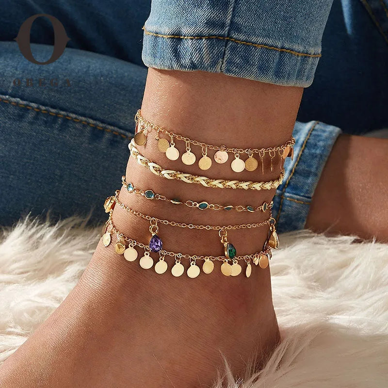 Bohemia Vintage Chain Anklet Set for Women - Gold Color Beach Jewelry